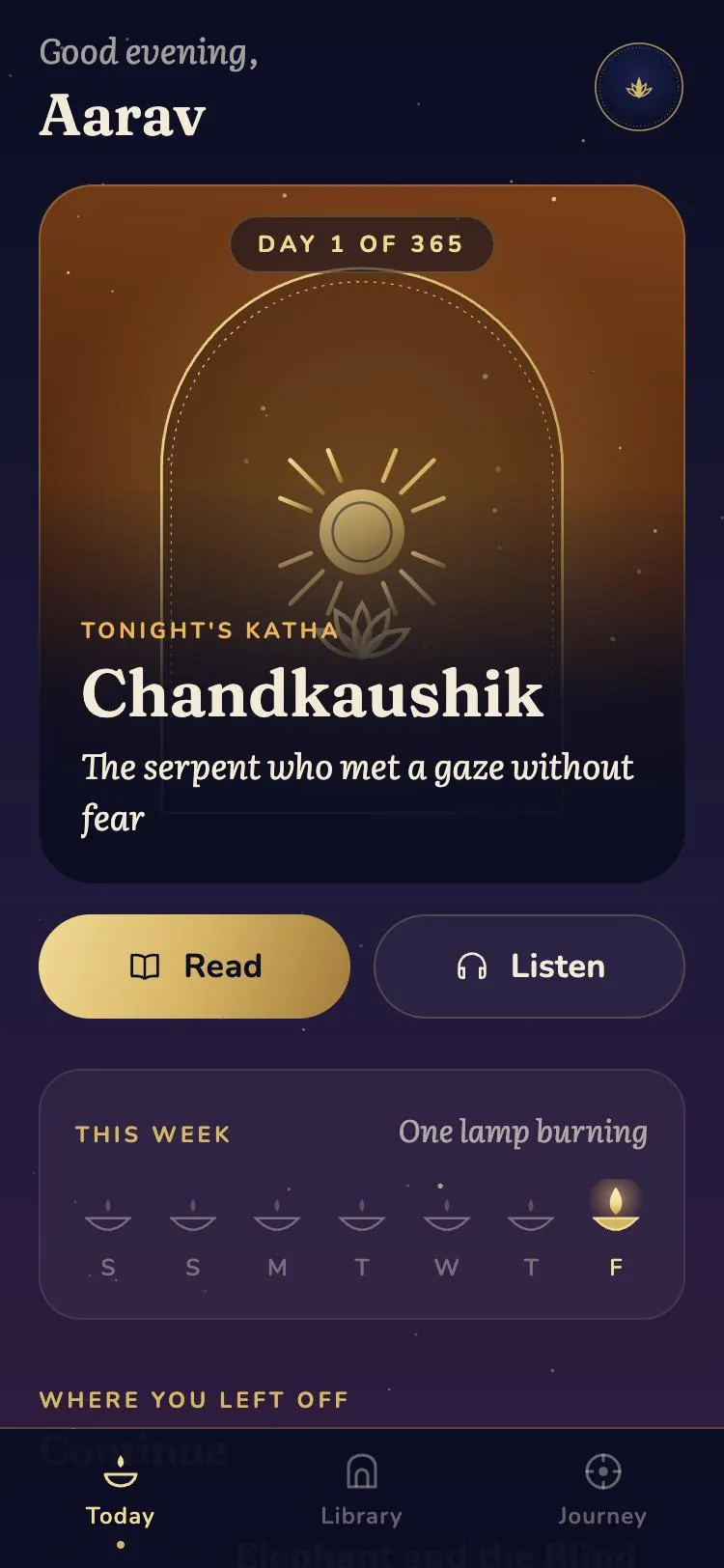 The JainStory app showing tonight's story, Chandkaushik, with read and listen buttons