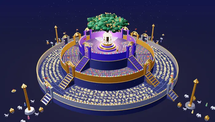A 3D Samavasaran: three circular walls with gateways, rows of animals, people, monks and nuns, and Bhagwan under the Ashoka tree at the centre
